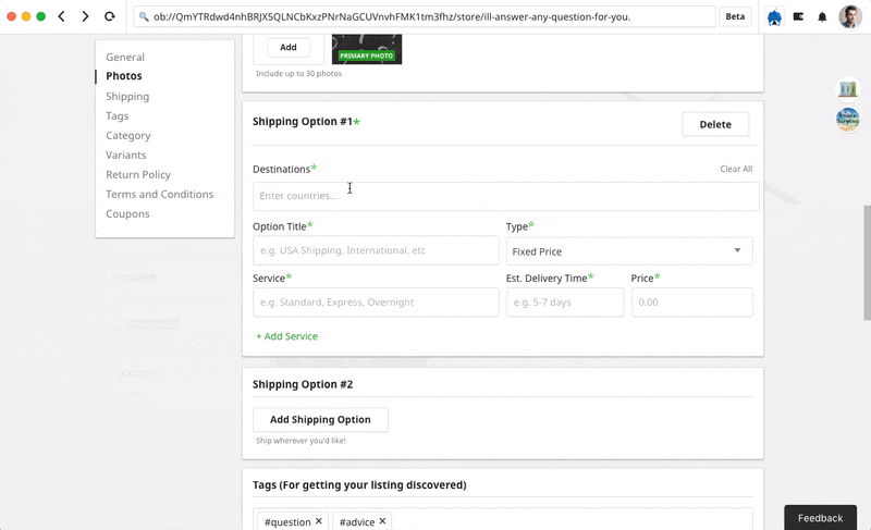 OpenBazaar - Versandoptionen