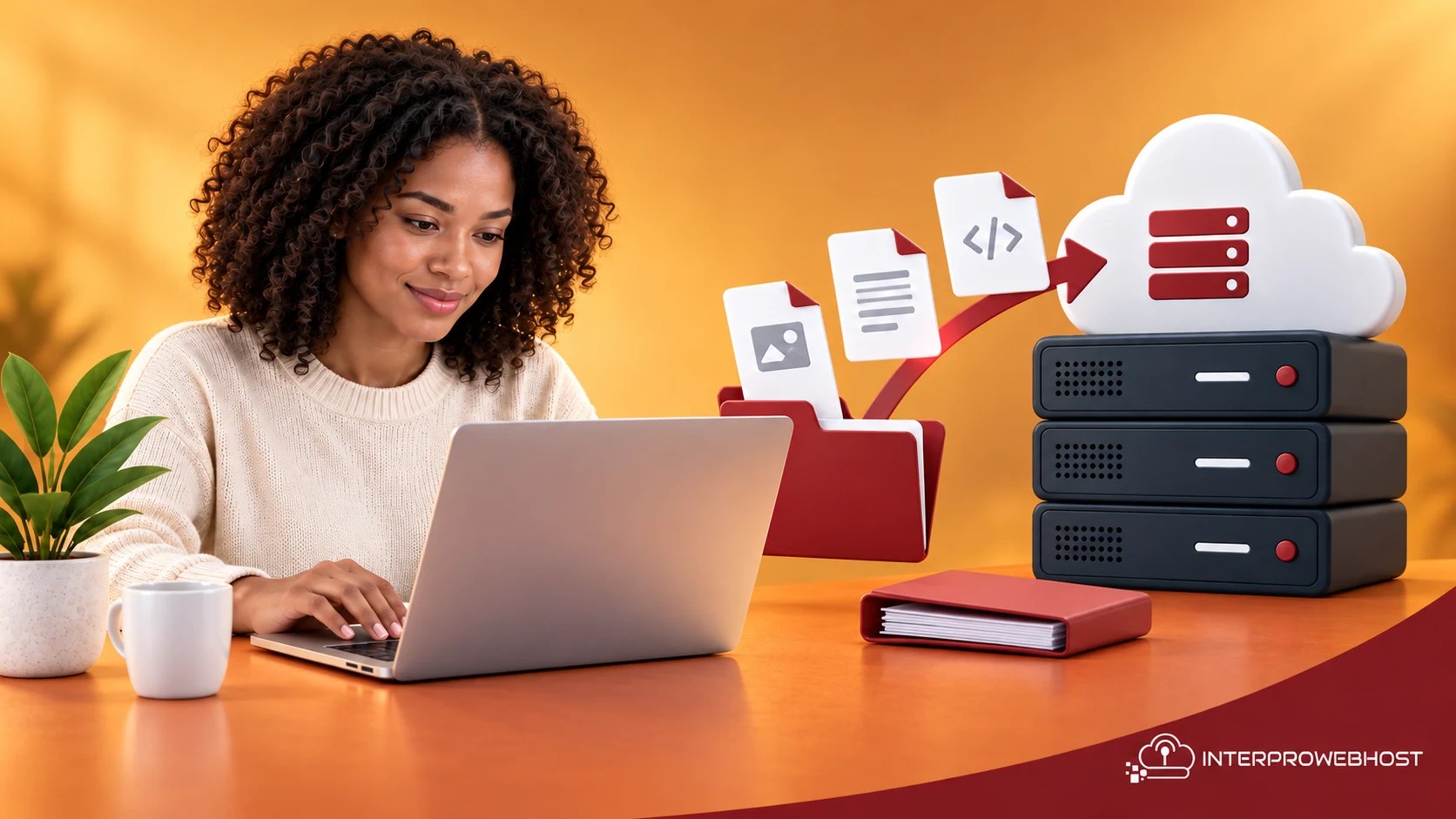 A beginner uploading website files from a laptop to a hosting server.
