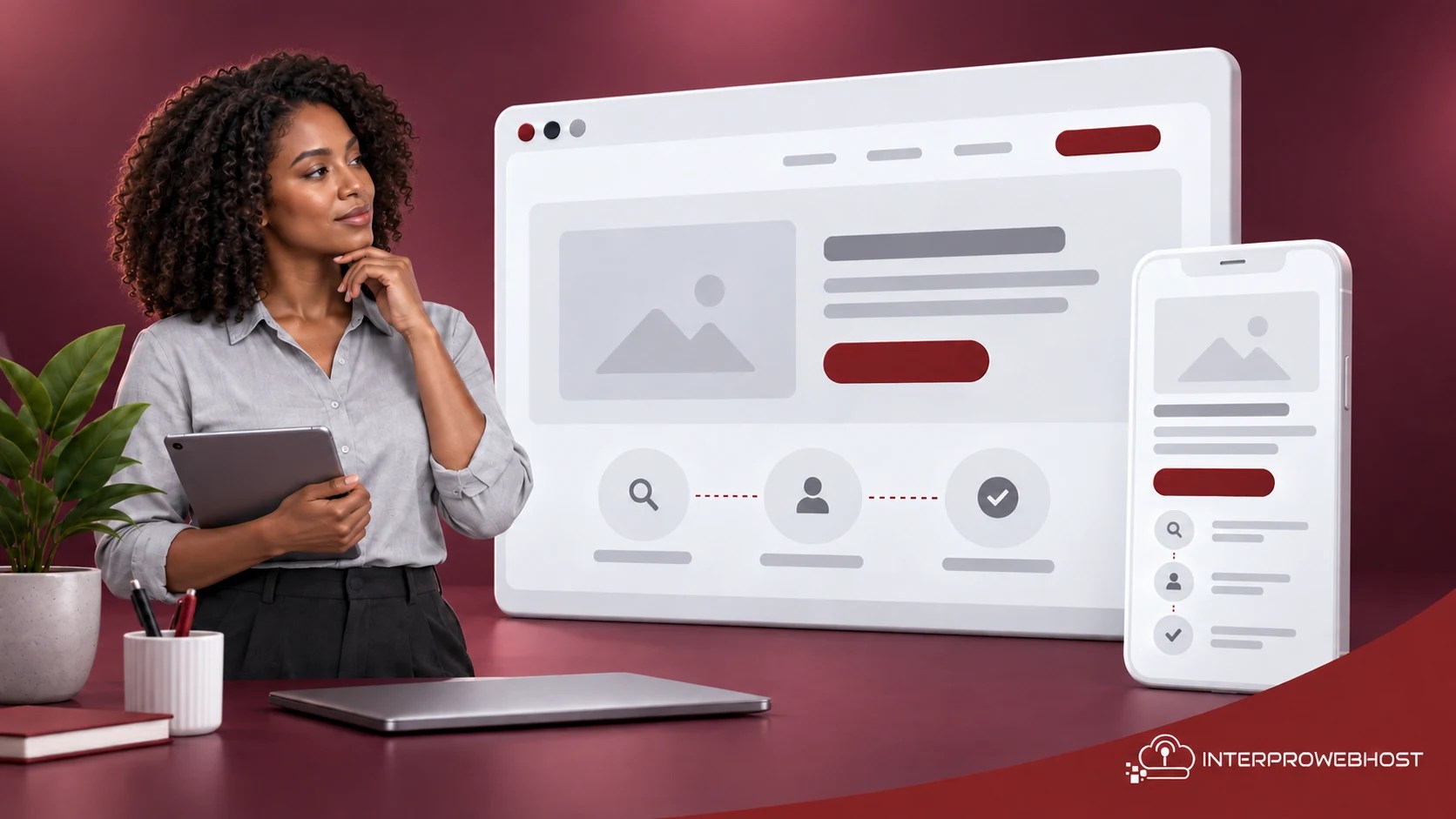 A designer reviews a website customer journey across desktop and mobile layouts.