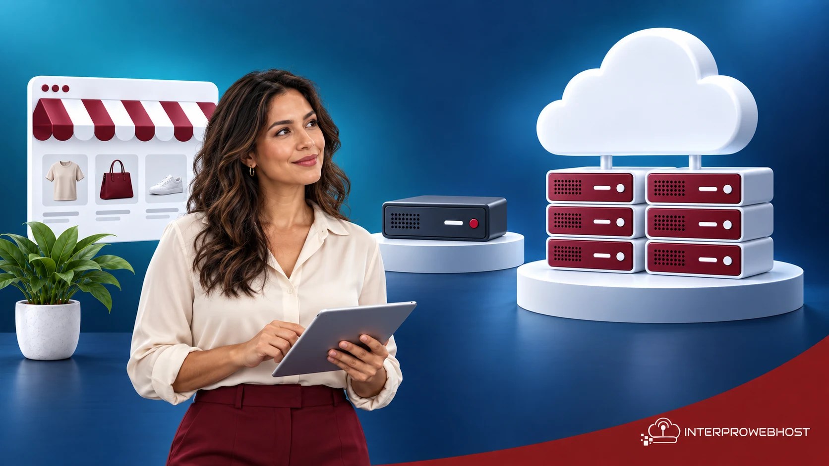 A business owner compares a single hosting server with a modular cloud hosting system beside an online storefront.