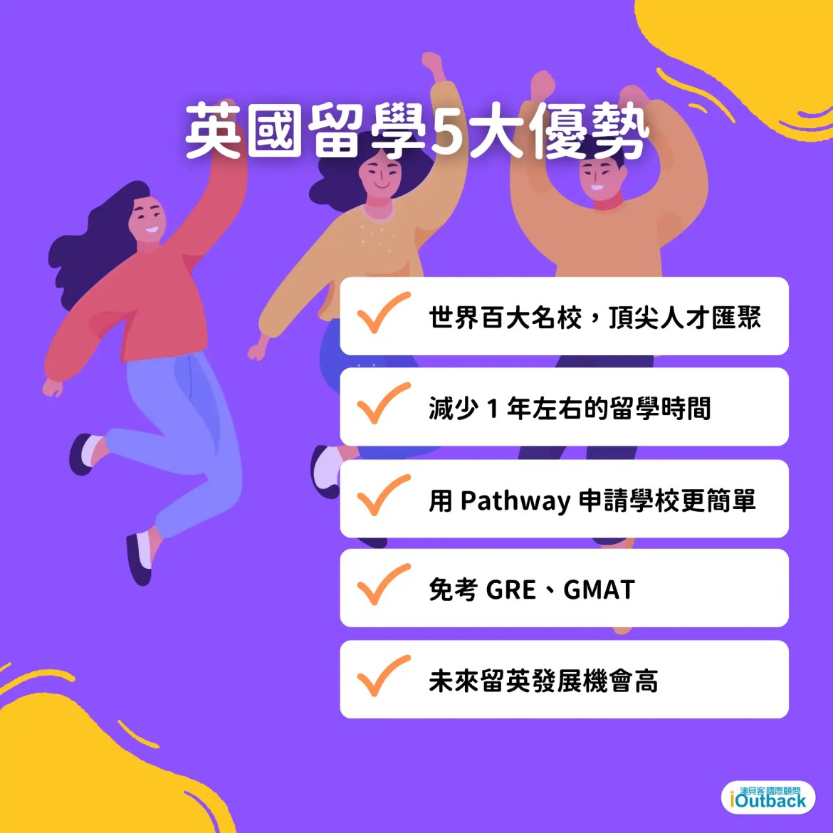 英國留學優勢：QS 世界前 100 名、學制短節省留學時間成本、提供 Pathway 等多元升學管道、免考GRE和GMAT、畢業後容易留在英國發展