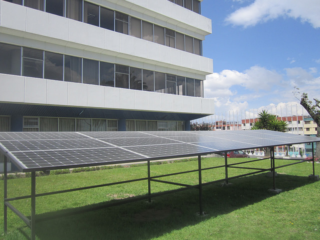 The headquarters of the Latin American Energy Organisation (Olade) in Quito, which brings together 27 countries in the region, is supplied with solar energy through photovoltaic panels installed on the building, in an initiative to promote the use and generation of solar energy among the country member’s public institutions. Credit: : Mario Osava/IPS