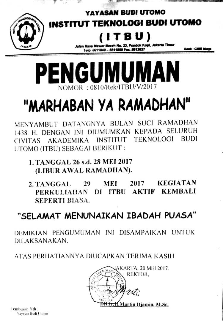 Pengumuman Libur Awal Ramadhan 1438H – ITBU