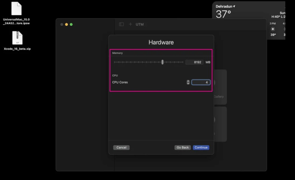 select number of RAM and CPU on UTM VM