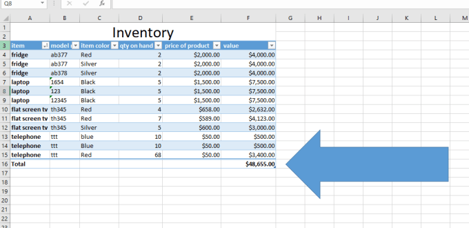 Spreadsheet with call out arrow
