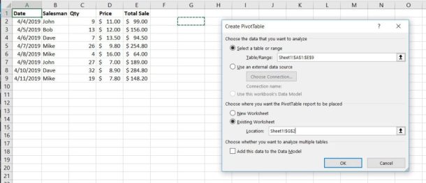 create pivot table on existing sheet