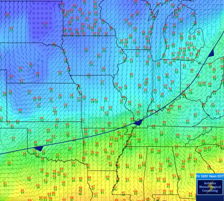 Partial analysis showing the position of the Arctic front at noon (October 31/14).