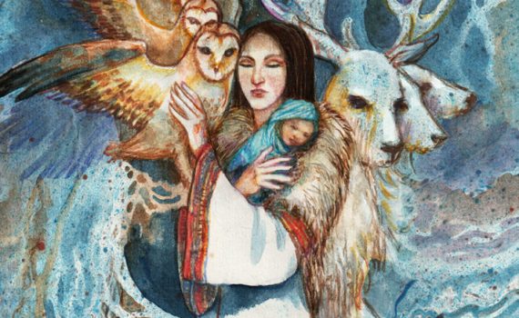 Watercolor painting of a woman holding a baby and with an owl and reindeer by her sides