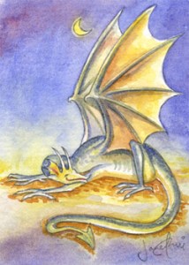 Dragon stretching under a crescent moon