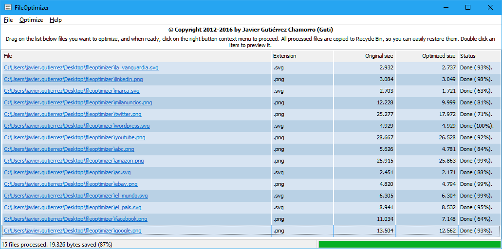 FileOptimizer y los logotipos m&aacute;s populares