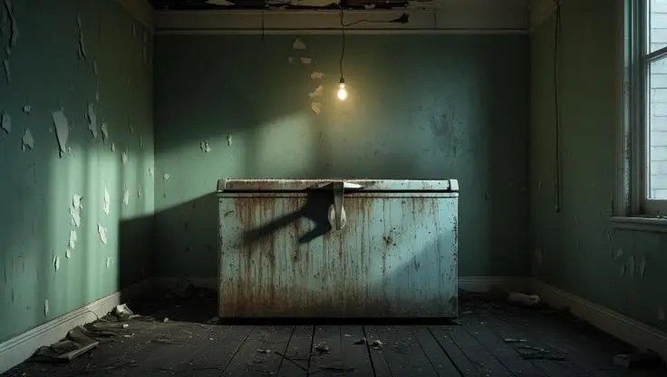A dimly lit, run-down London apartment, circa 1970s, featuring a grimy, frost-covered chest freezer as the central focus. The walls are peeling paint, a muted green, with shadows cast by a single bare bulb hanging