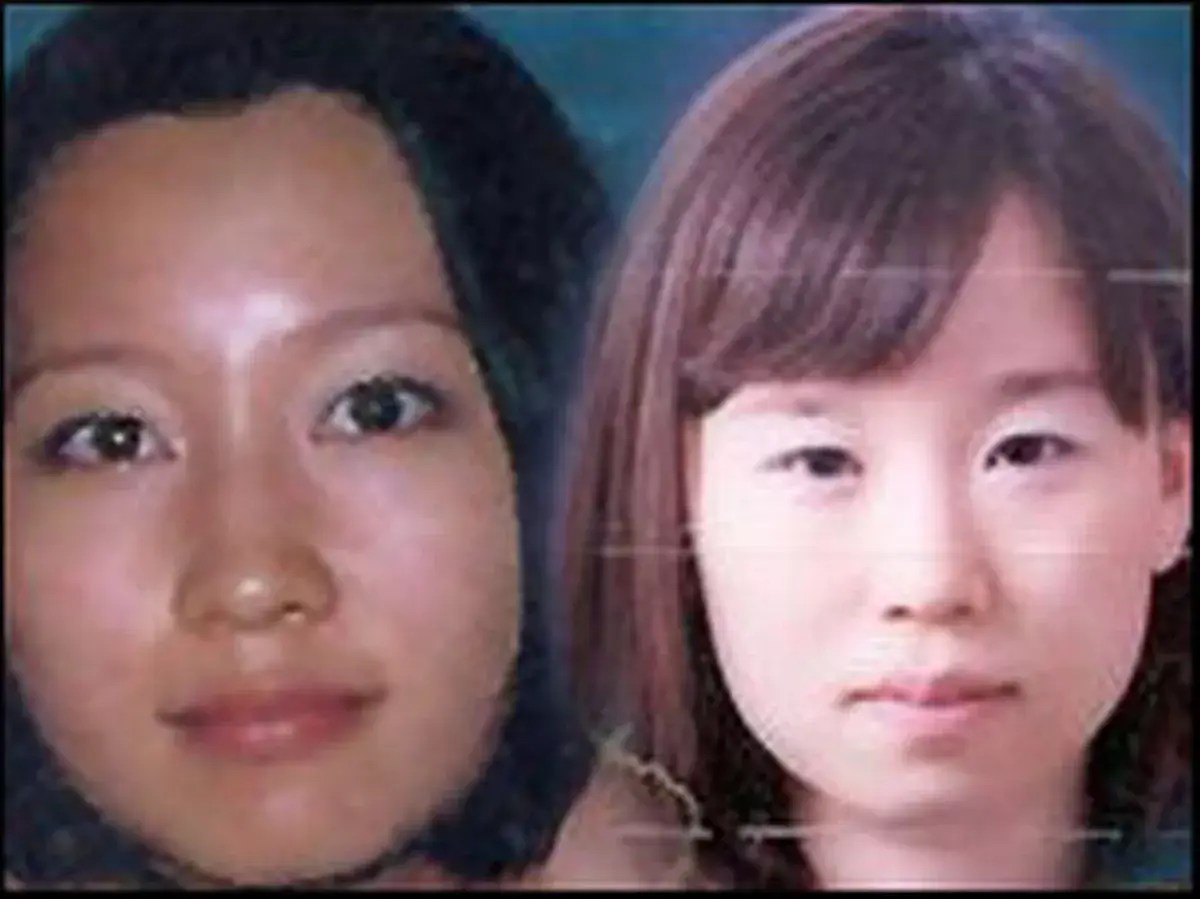 Two close-up photos of two twenty-something Korean woman, one with large eyes and make up, the other with little make up and smaller eyes.