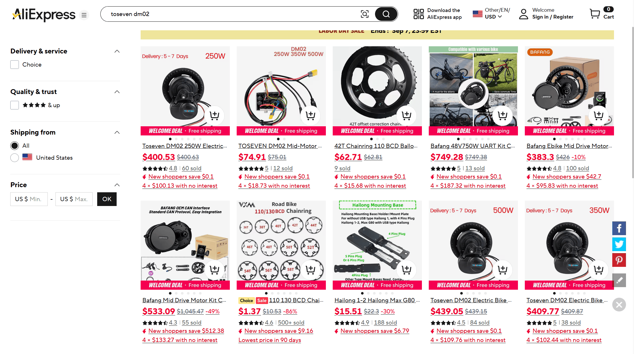 Shopping screen from AliExpress featuring several different ebike conversion kits to choose from. It is very confusing.