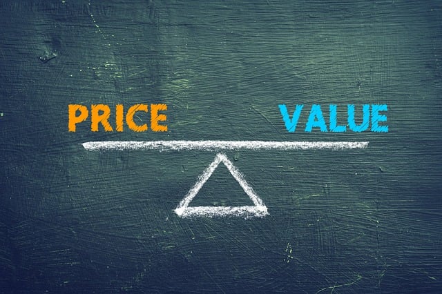 Balancing price and value concept on chalkboard background