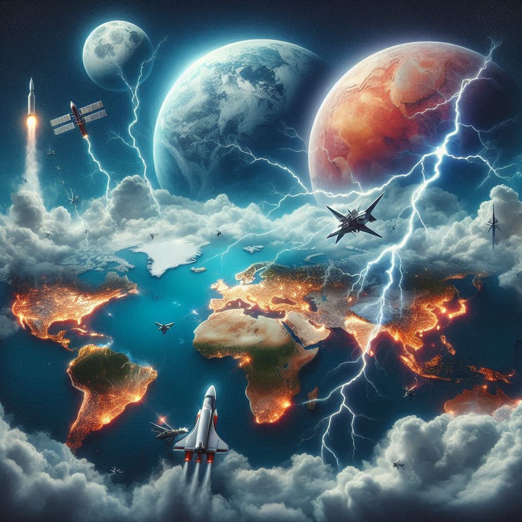 Lightning Storm Rockets Drones World Map Mars Moon