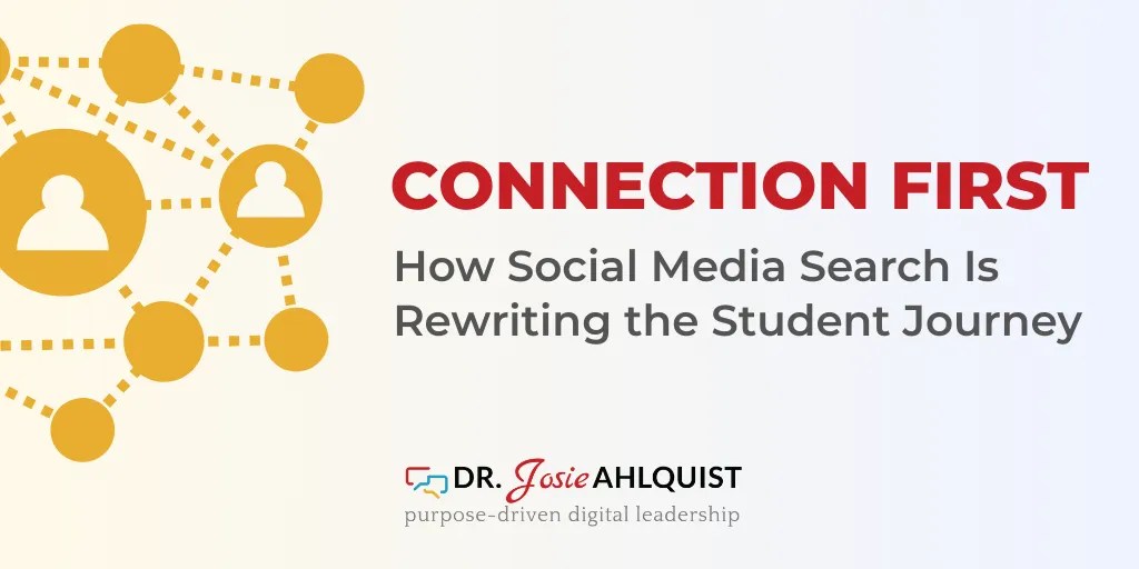 Connection First: How Social Media Search is Rewriting the Student Journey [Logo: Dr. Josie Ahlquist: Purpose-Driven Digital Leadership] An illustration shows several human figures in small circles connected by a network of lines.