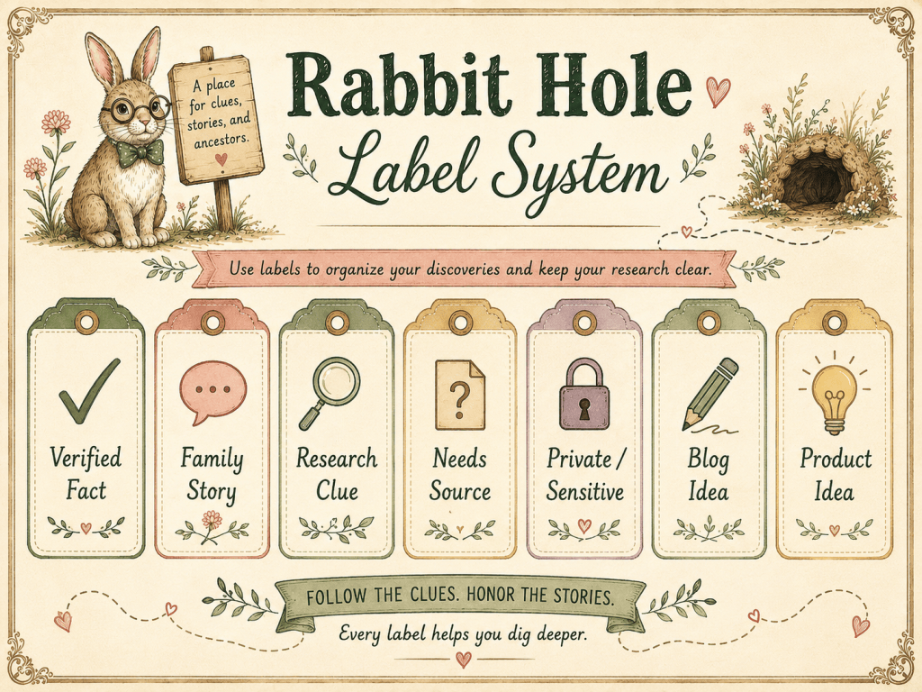 Genealogy Rabbit Hole Parking Lot label system showing verified fact, family story, research clue, needs source, private, blog idea, and product idea categories.