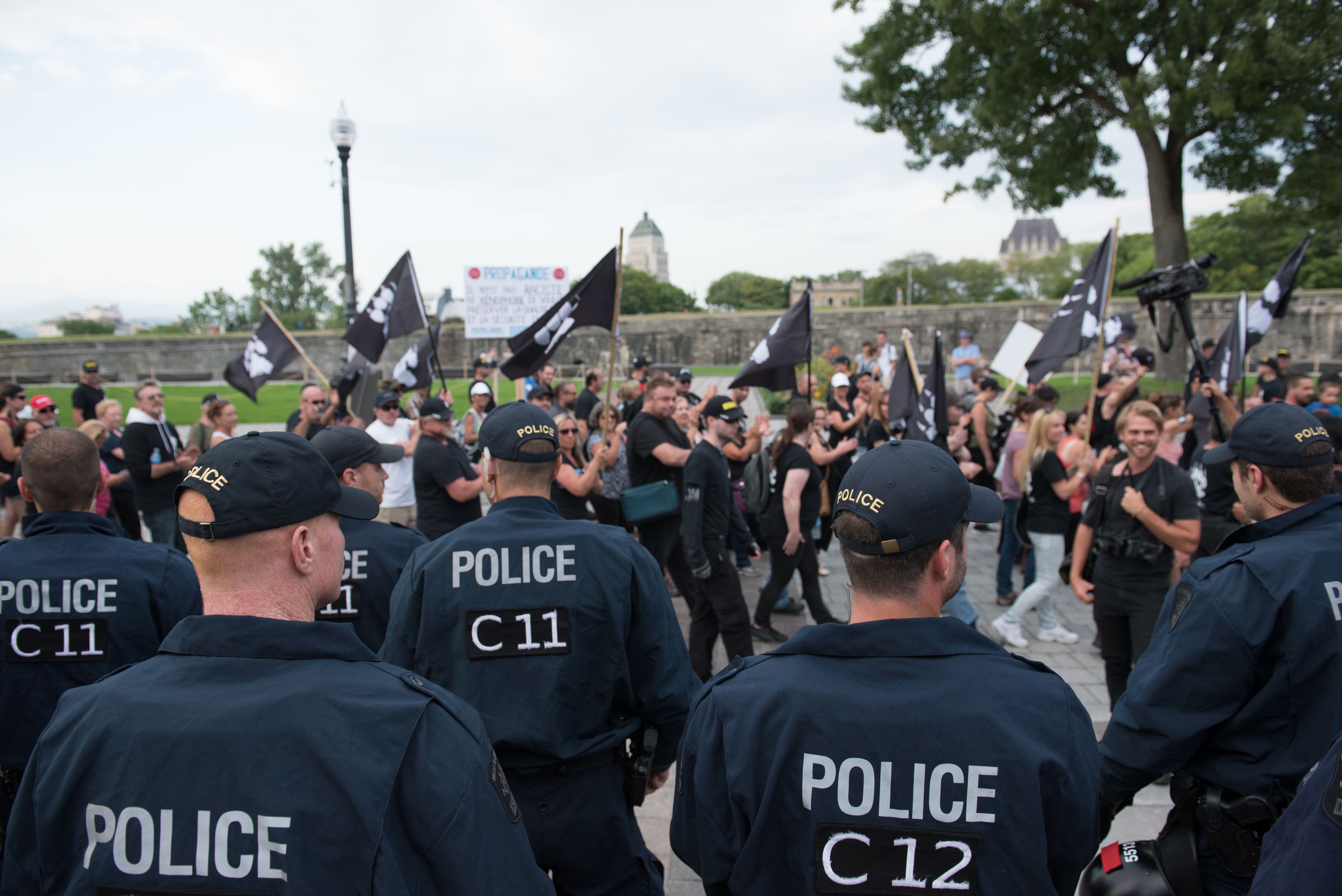 La Meute, a far-right, anti-immigration group, holds a rally in Quebec City, Canada, on August 20, 2017.