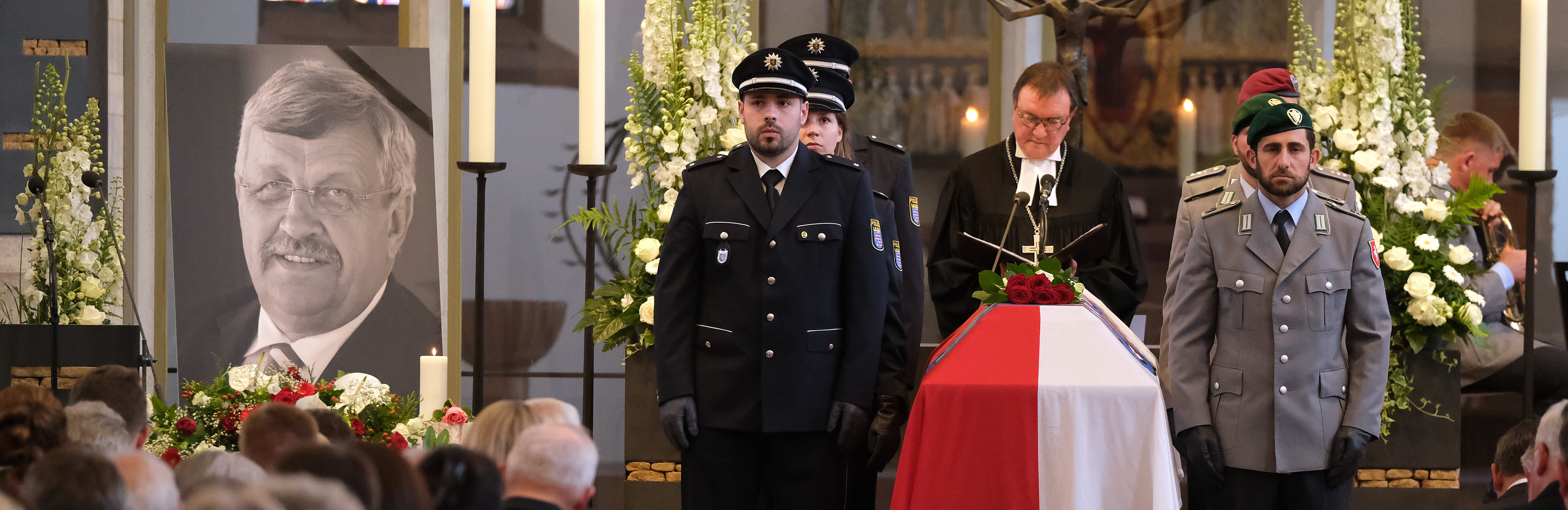 Bishop Martin Hein speaks at the coffin of murdered German politician Walter Lübcke at Lübcke's memorial service at St. Martin church on June 13, 2019 in Kassel, Germany.