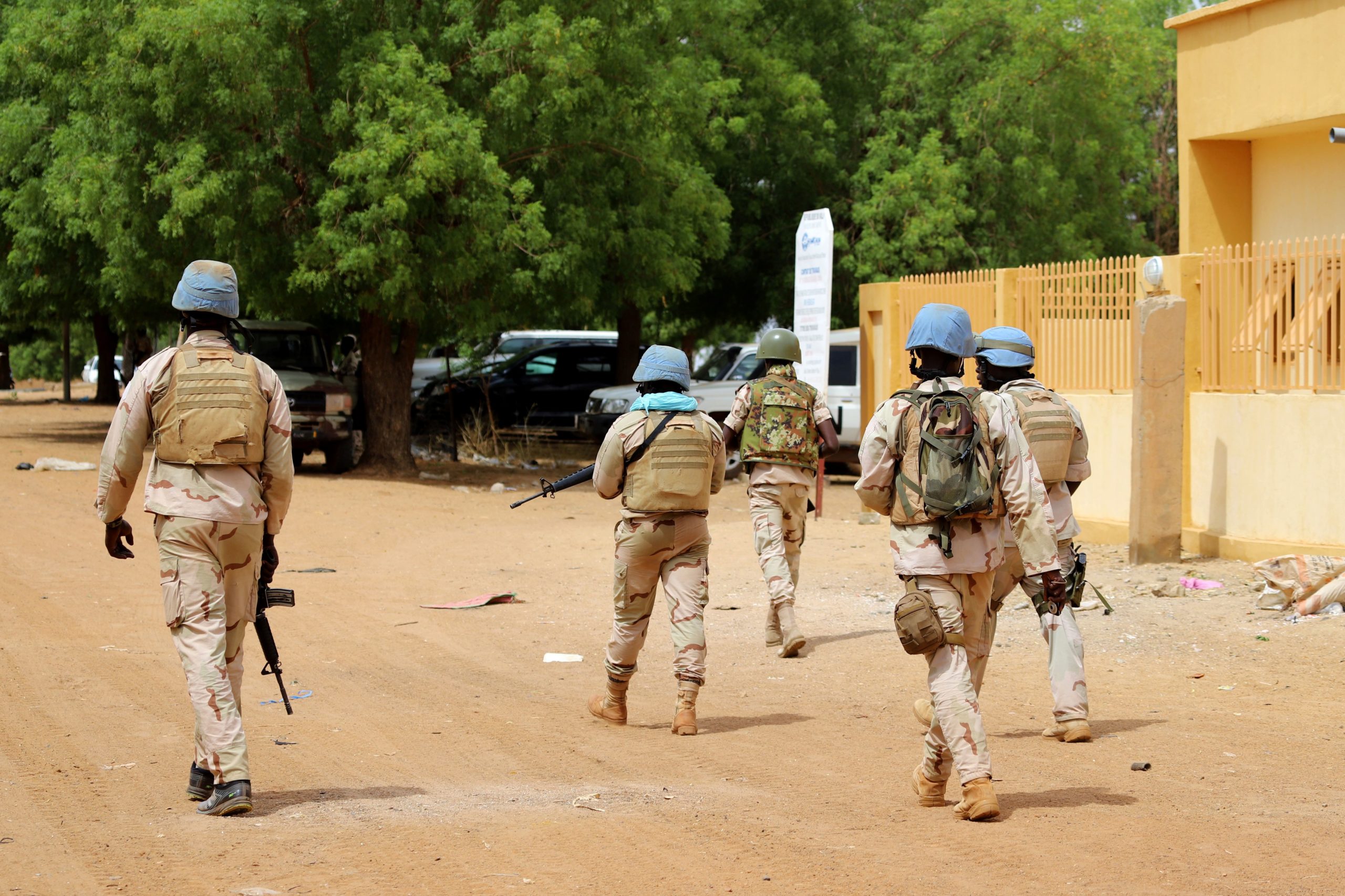 Senegalese soldiers of the UN peacekeeping mission in Mali MINUSMA (United Nations Multidimensional Integrated Stabilisation Mission in Mali) patrol on foot in the streets of Gao, on July 24, 2019.