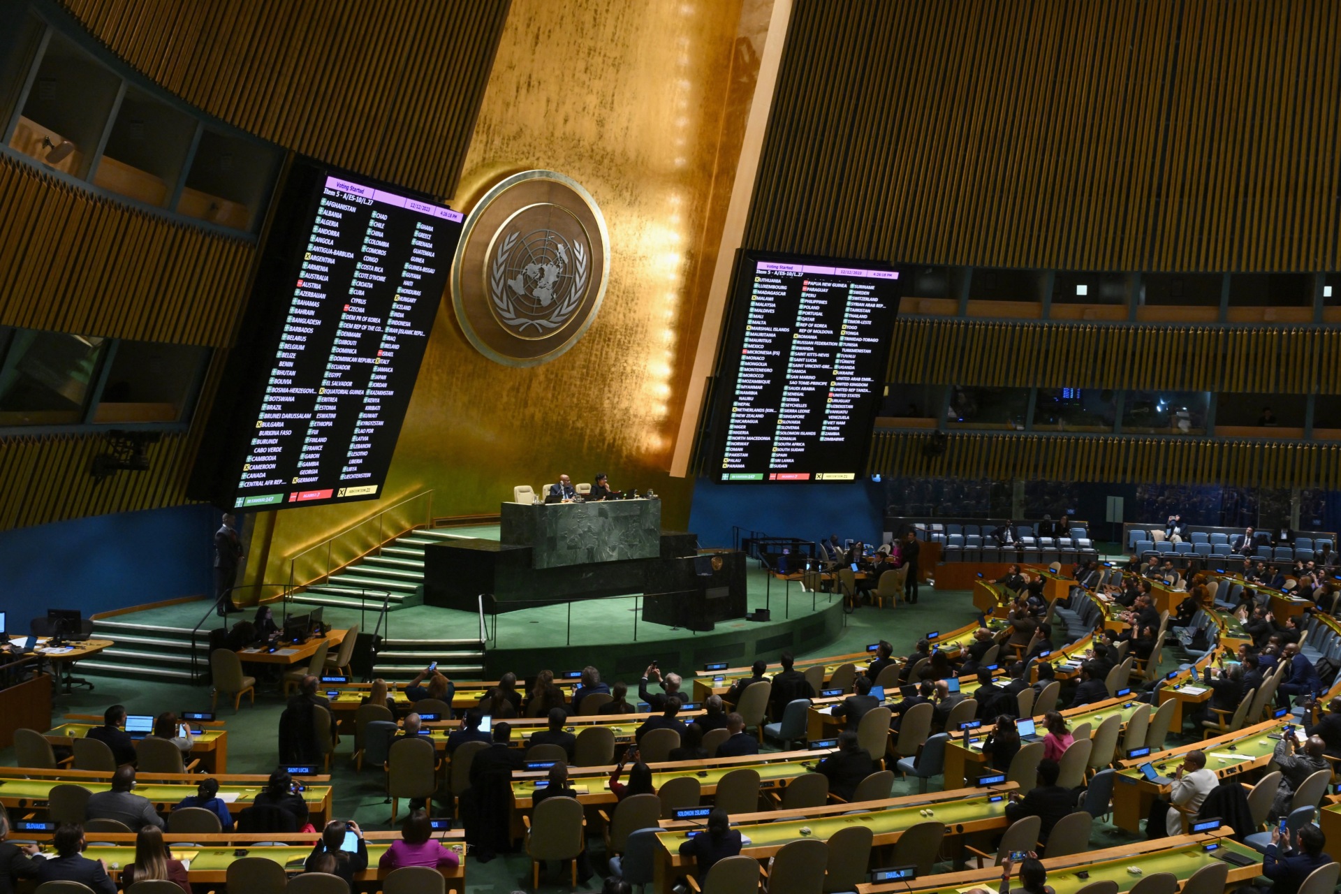 A general view shows a screen of votes during a United Nations General Assembly meeting to vote on a non-binding resolution demanding "an immediate humanitarian ceasefire" in Gaza at UN headquarters in New York on December 12, 2023. (Photo by ANGELA WEISS/AFP via Getty Images)