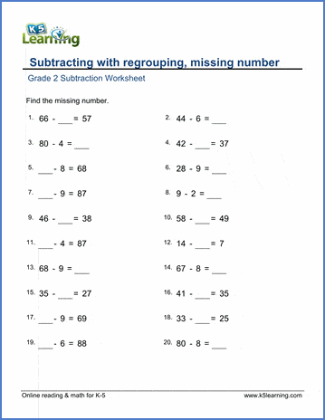 grade 2 worksheet subtraction from a 2 digit number missing number