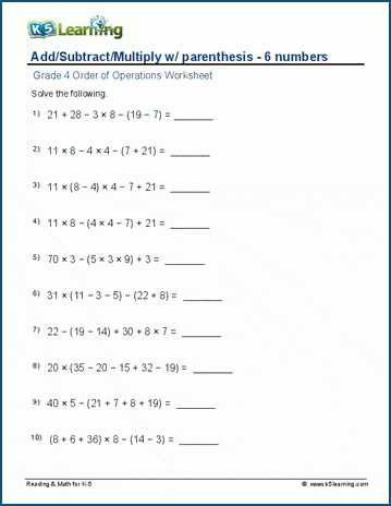 grade 4 order of operations worksheet addsubtract