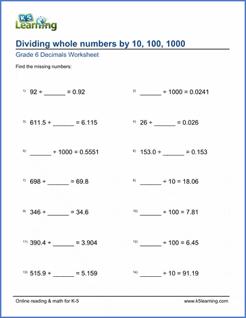 grade 6 decimal worksheets divide by 101001000 missing numbers