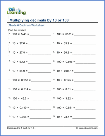 grade 6 math worksheets multiplying decimals by 10 or 100 k5 learning
