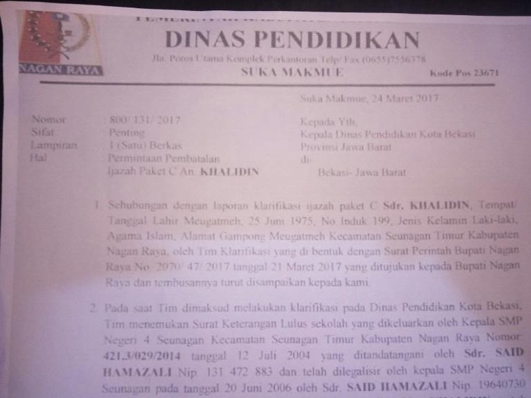 Diduga palsu, Disdik Nagan Raya minta pencabutan ijazah paket C milik  Khalidin - Kanal Aceh