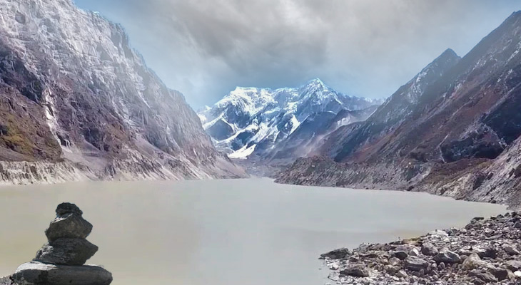 Cloudy weather around the Tsho Rolpa High Glacial Lake in Rowling Valley
