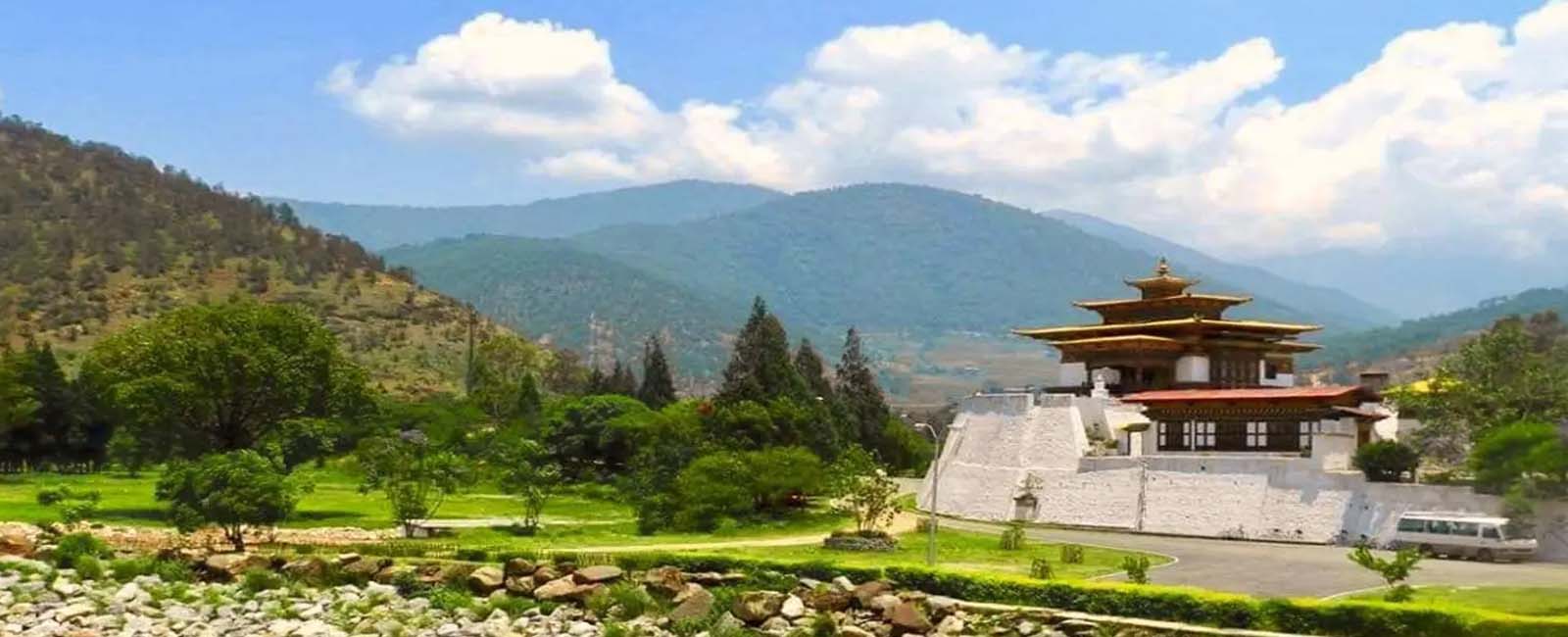 The monastery in the middle part of the grass land at Bhutan