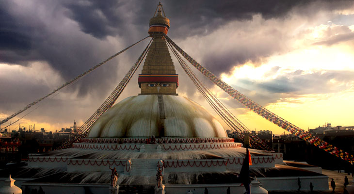 Colorful prayer flags fluttering on the Boudhanath stupa at Kathmandu, Nepal