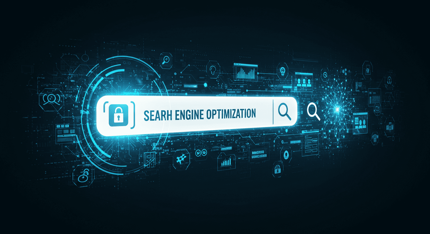 Create a futuristic, visually striking digital illustration representing AI-powered search engine optimization. The image should feature a glowing search bar with an AI-powered assistant scanning and analyzing website content. Use a combination of blue and green hues to symbolize technology and growth. Include abstract representations of data flows, neural networks, and website elements like structured data, metadata tags, and ranking signals. The overall theme should be sleek, high-tech, and visually engaging, conveying the power of AI-driven search optimization