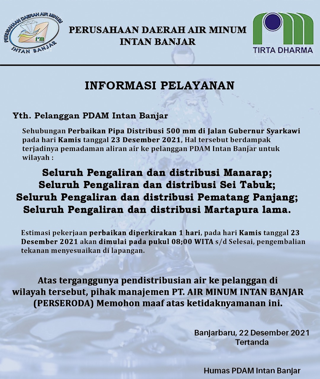 Informasi Pelayanan PDAM Intan Banjar