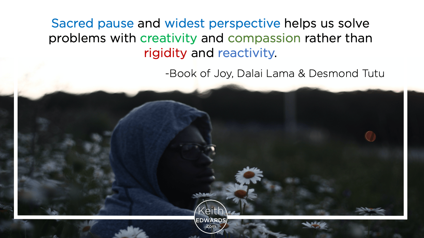 Sacred pause and widest perspective helps us solve problems with creativity and compassion rather than rigidity and reactivity.
-Book of Joy, Dalai Lama & Desmond Tutu