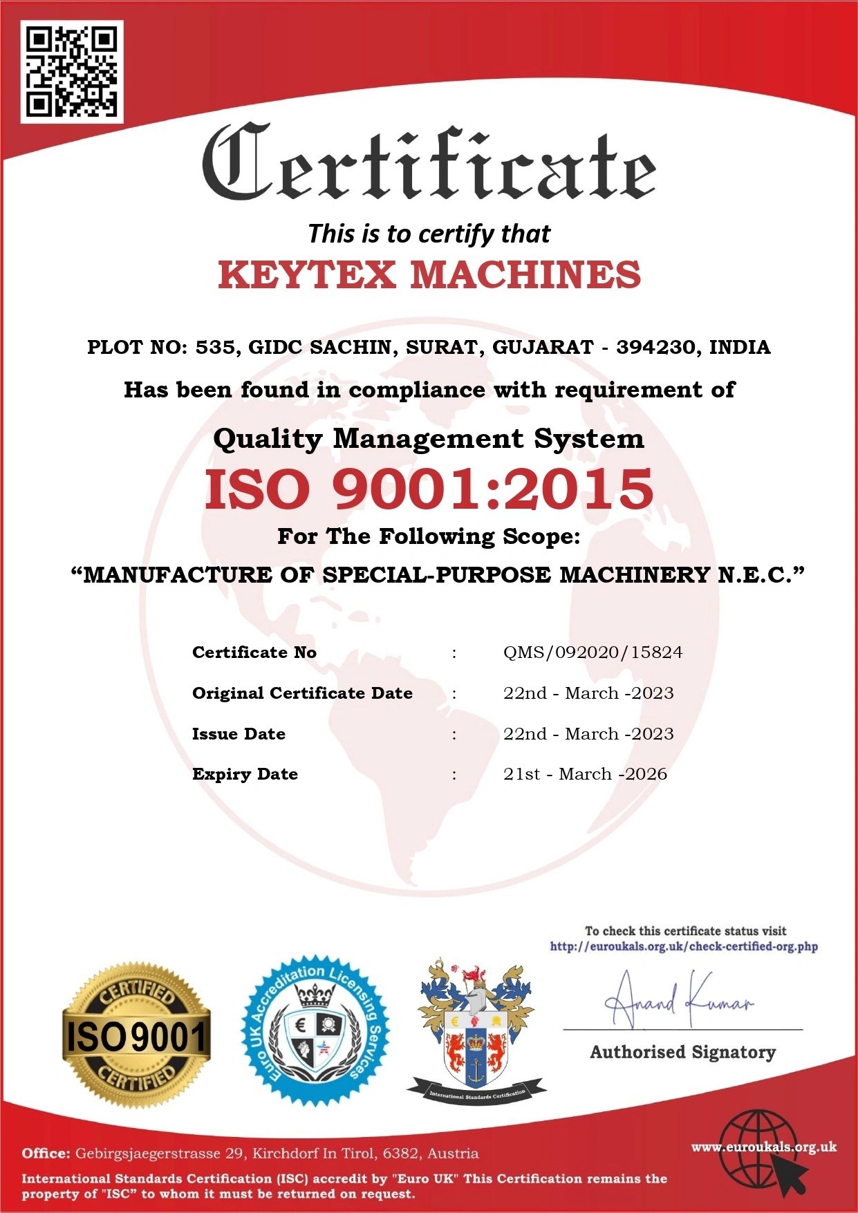 Keytex Machines ISO 9001 2015 certification
