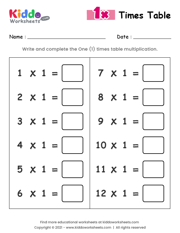 Free printable 1 times table worksheet worksheet