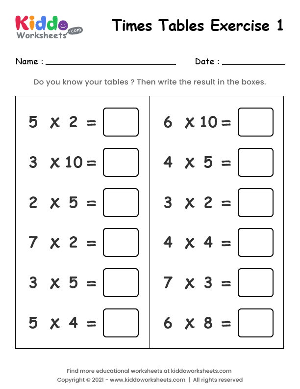 Free printable times table exercise 1 worksheet