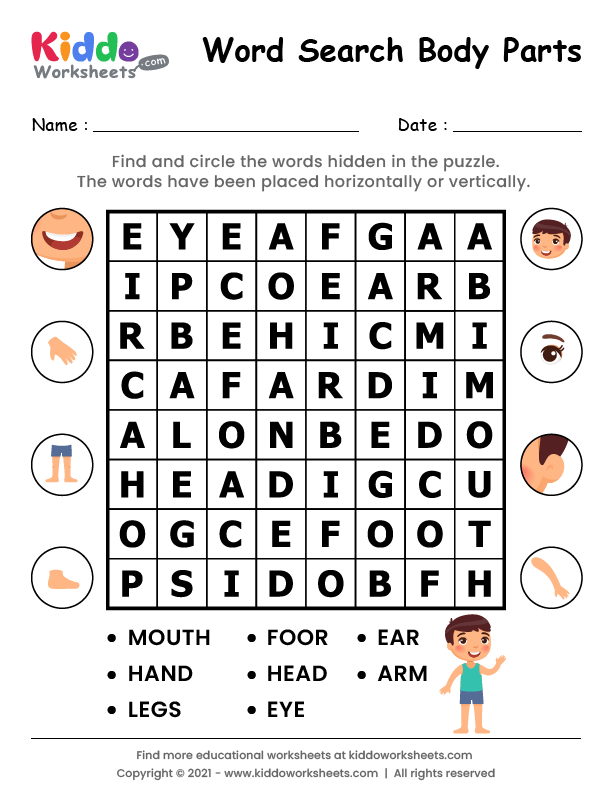 free printable word search body parts worksheet kiddoworksheets