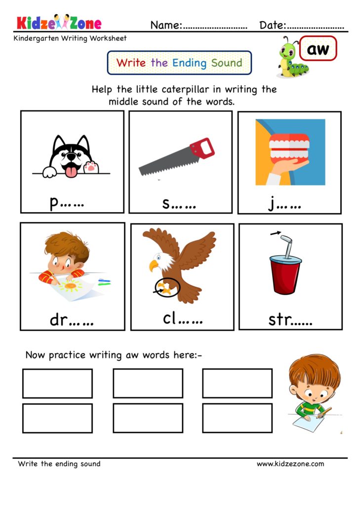 kindergarten worksheets aw word family ending sound