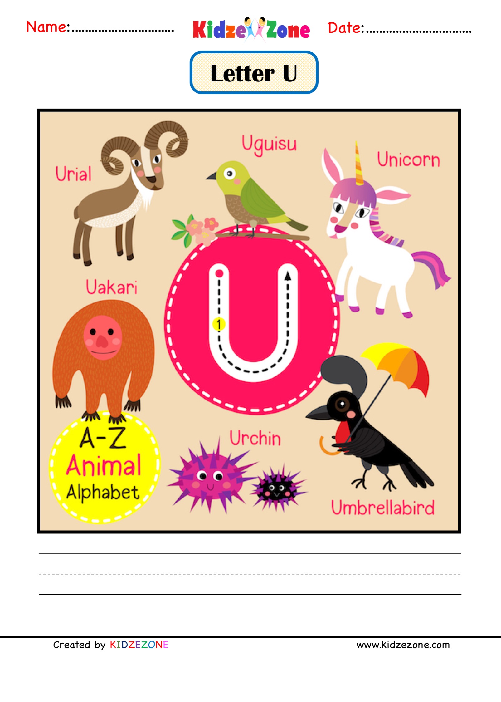 Kindergarten letter u animal picture cards worksheet