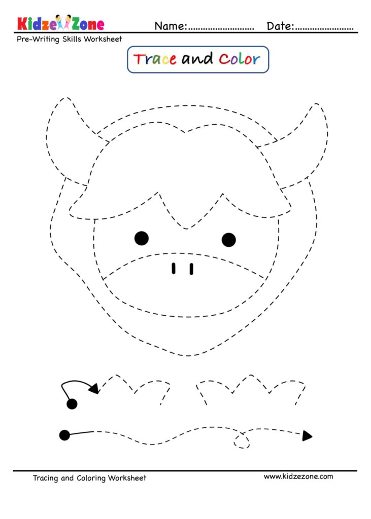 bull cartoon trace and color worksheet kidzezone