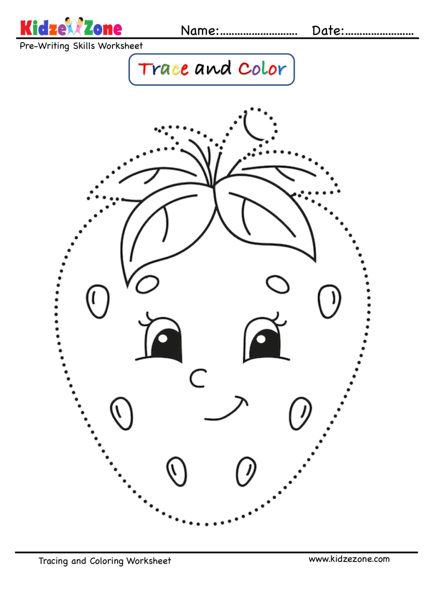 strawberry cartoon trace and color worksheet kidzezone