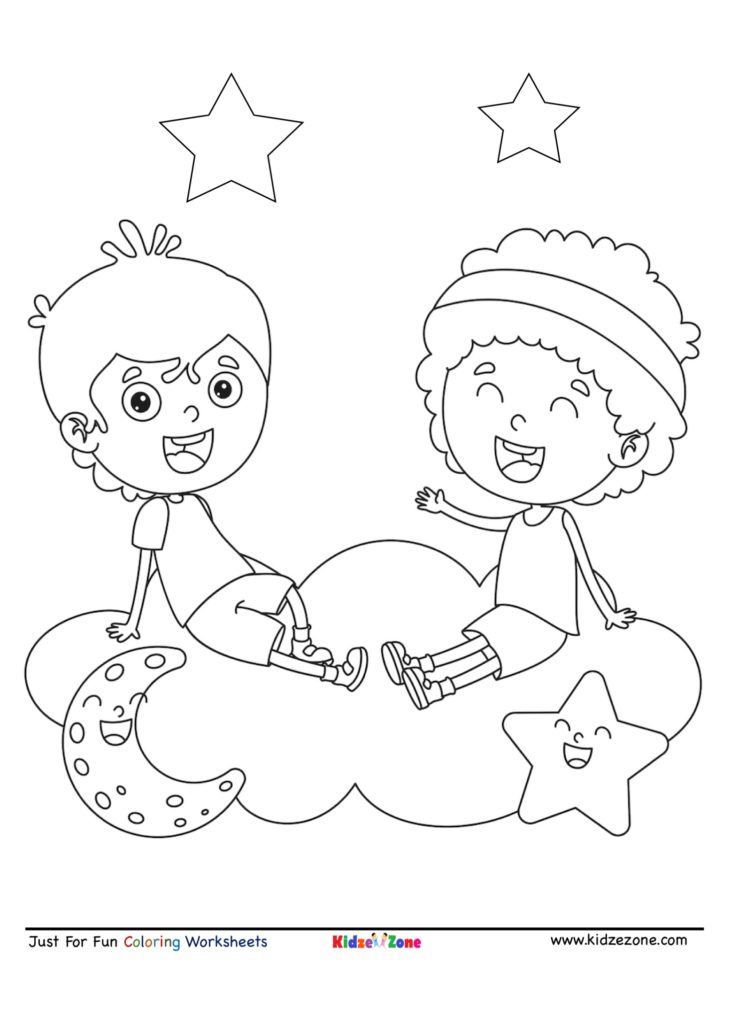 kids playing on cloud cartoon coloring page kidzezone