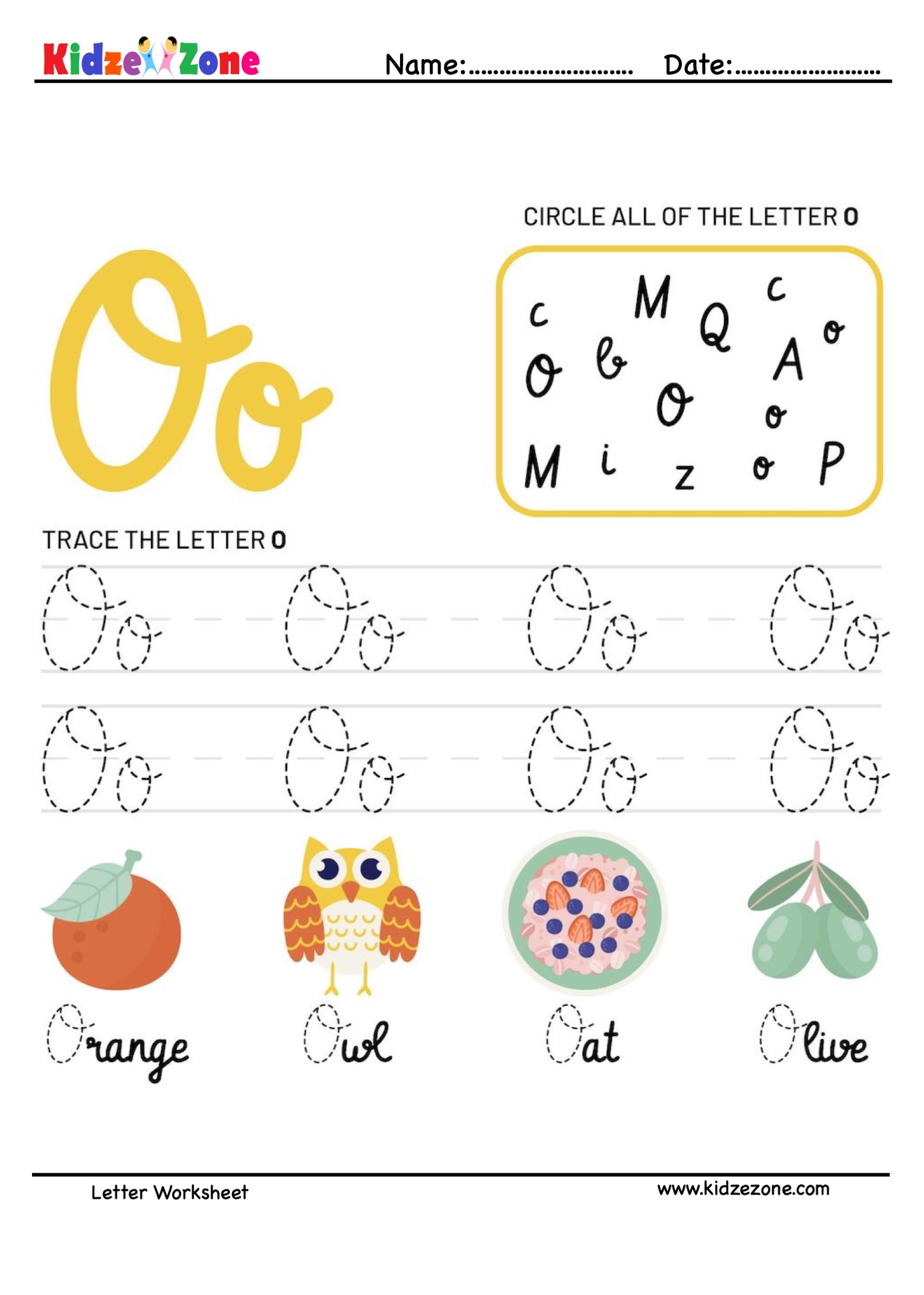 letter o tracing and fun worksheet kidzezone