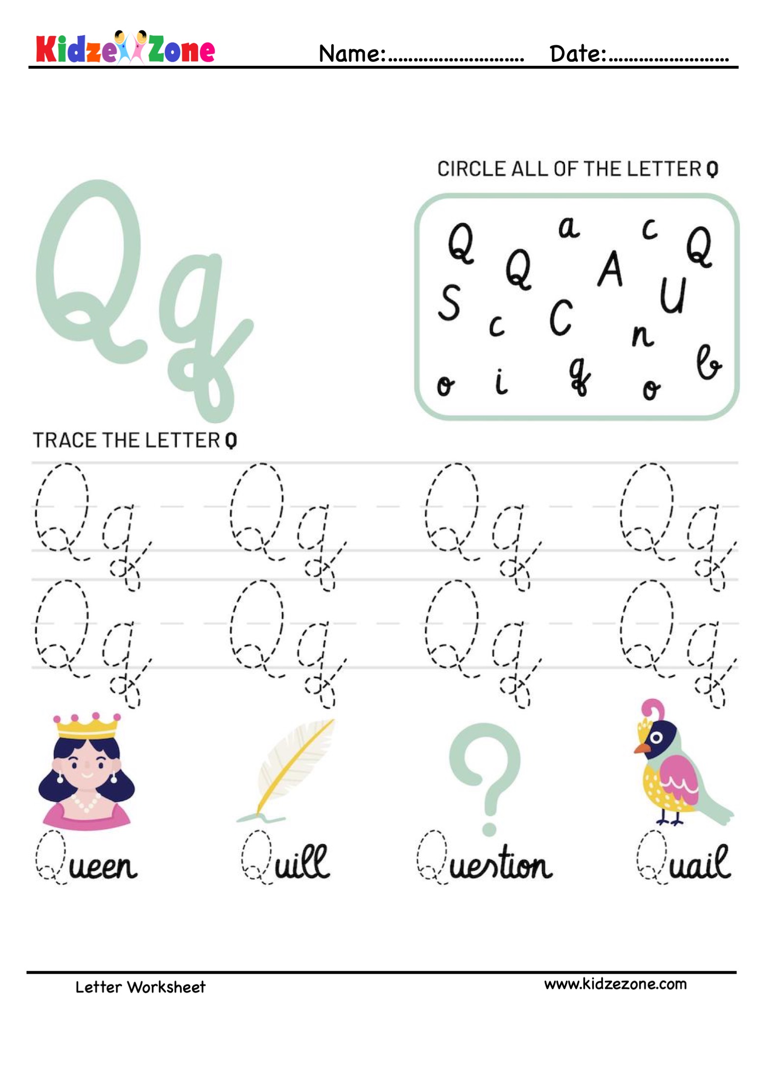 letter q tracing and fun worksheet kidzezone