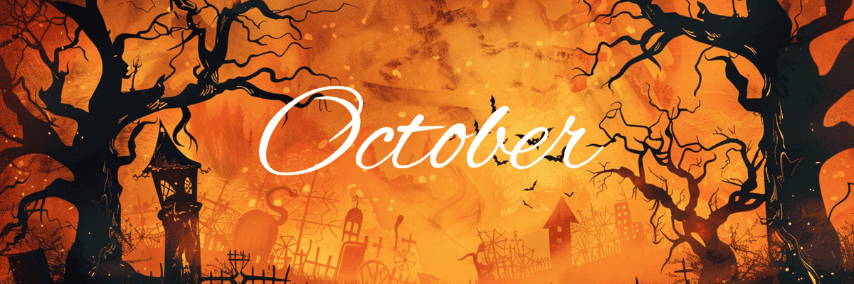 black spooky trees on an orange haunted house background with the word october on it