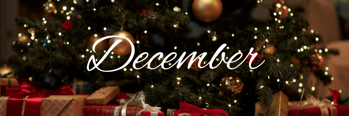 Christmas tree and presents with the word December in front