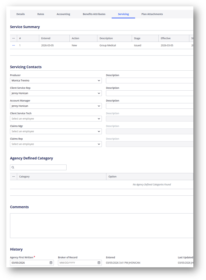 Servicing Tab of Detailed Information